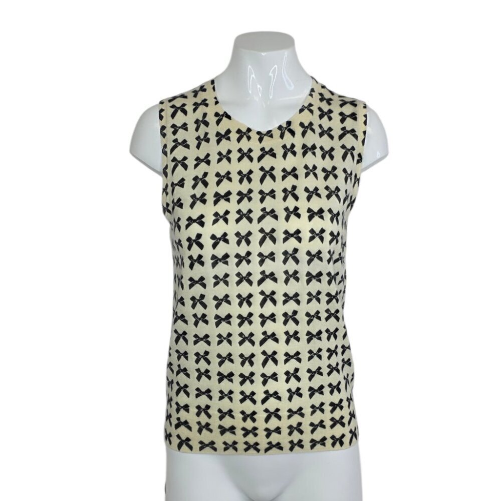 J. Crew 100% Merino Wool Bow Print Sleeveless Shirt, Cream, Black, Size Small